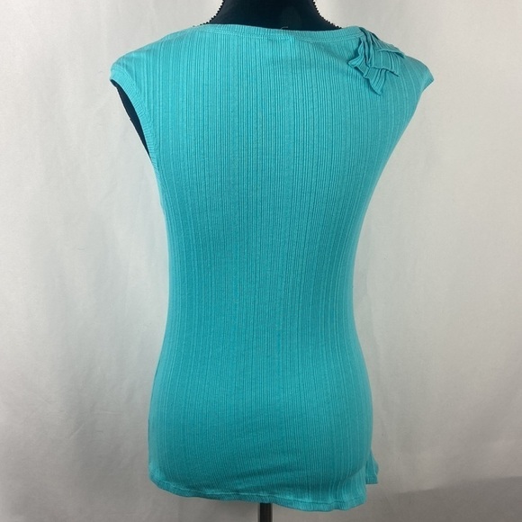 One September Turquoise Ribbed Asymmetrical Tank Top with Ruffle Accent - Picture 2 of 7